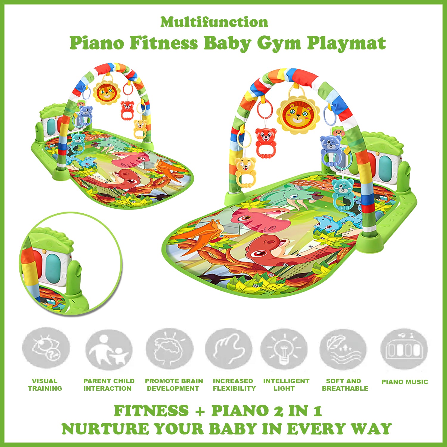 Baby Play Mat Baby Gym, kick and Play Piano Baby Activity Gym Mat with Music and Lights, Detachable Tummy Time Mat, Early Development Baby Play Mat Gift for Babies and Toddlers