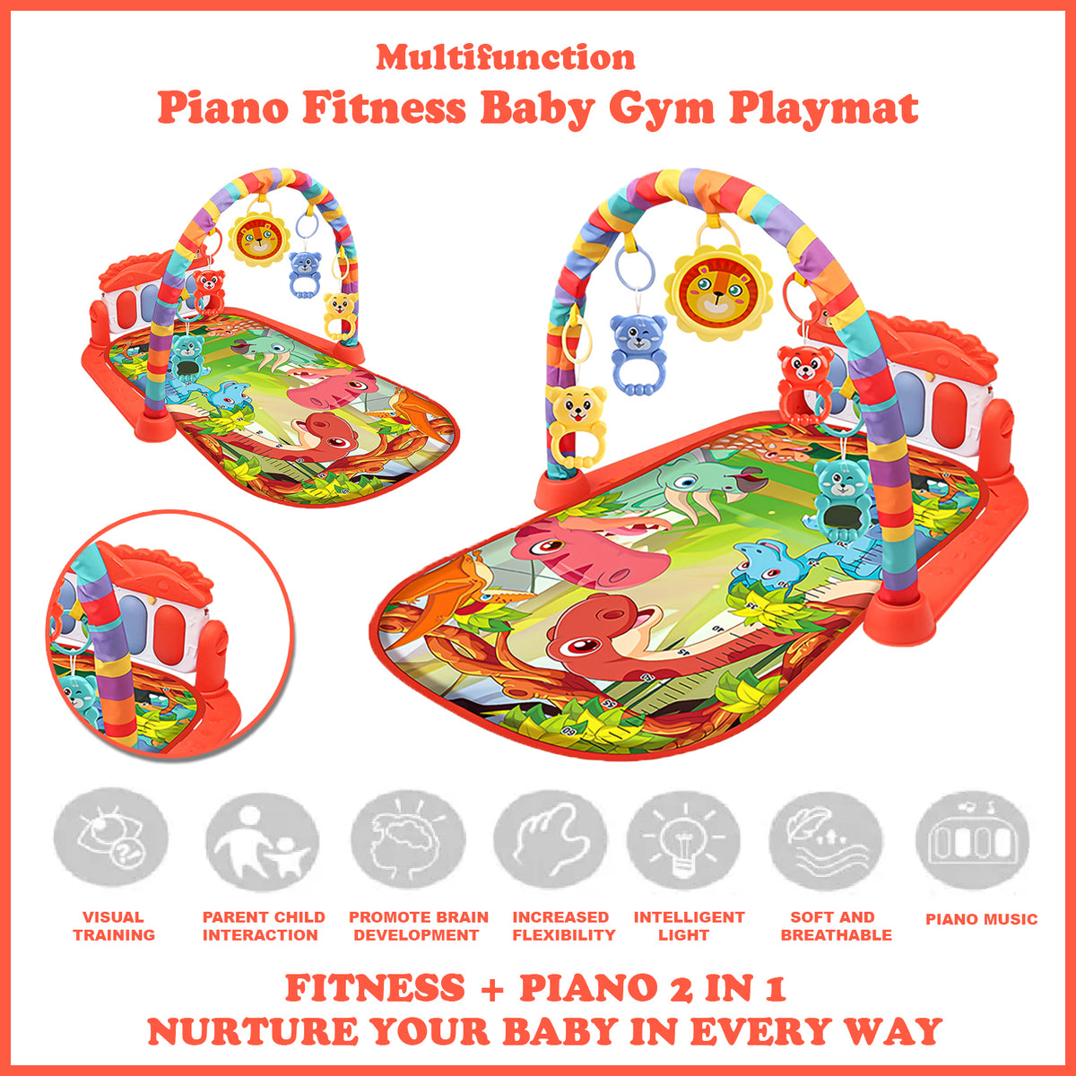 Baby Play Mat Baby Gym, kick and Play Piano Baby Activity Gym Mat with Music and Lights, Detachable Tummy Time Mat, Early Development Baby Play Mat Gift for Babies and Toddlers