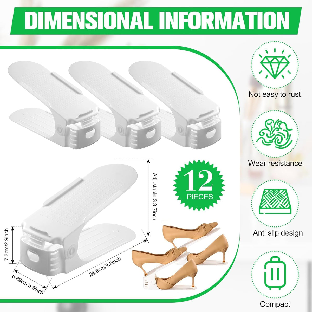 Shoe Slots Organizer, Adjustable Shoe Stacker Storage Space Saver, Double Deck Shoe Rack Holder for  Closet Organization, Organizer Holder with 4 Different Height (12, White)