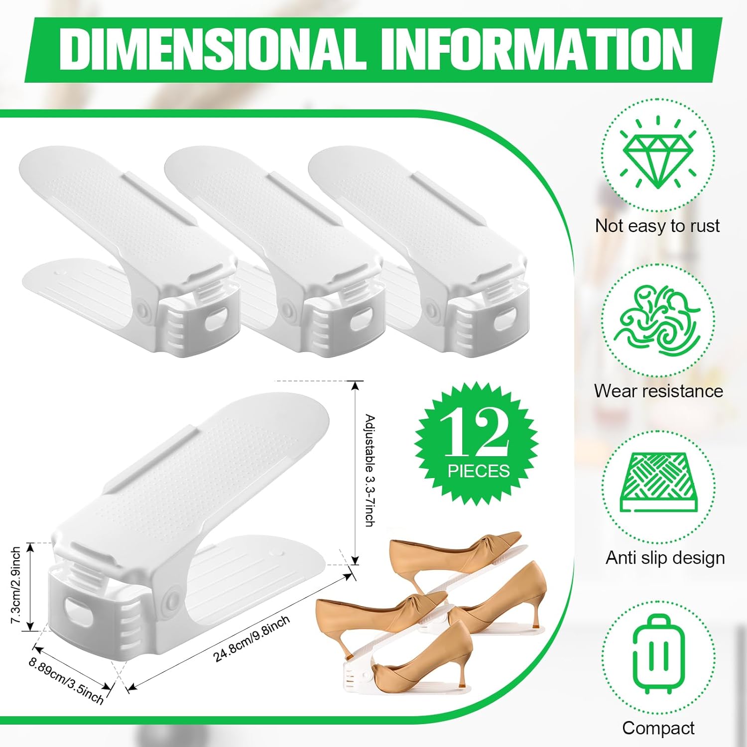 Shoe Slots Organizer, Adjustable Shoe Stacker Storage Space Saver, Double Deck Shoe Rack Holder for  Closet Organization, Organizer Holder with 4 Different Height (12, White)